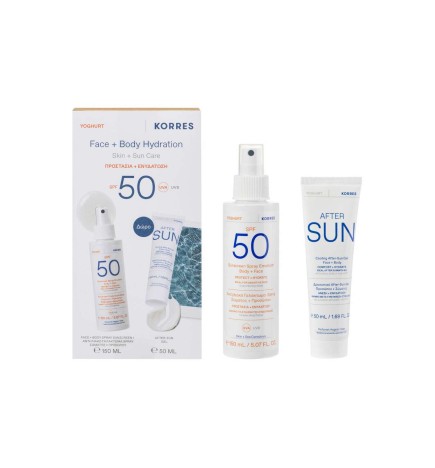 Korres yoghurt face and body hydration set spray sunscreen SPF50